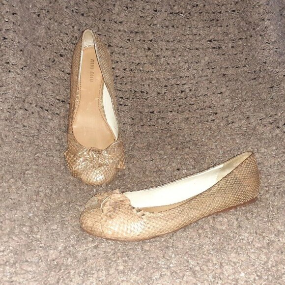 MIU MIU-PRADA Gold/Tan Snakeskin Leather Flats-Bow Detail-Sz 36.5-Very Good - Picture 1 of 7